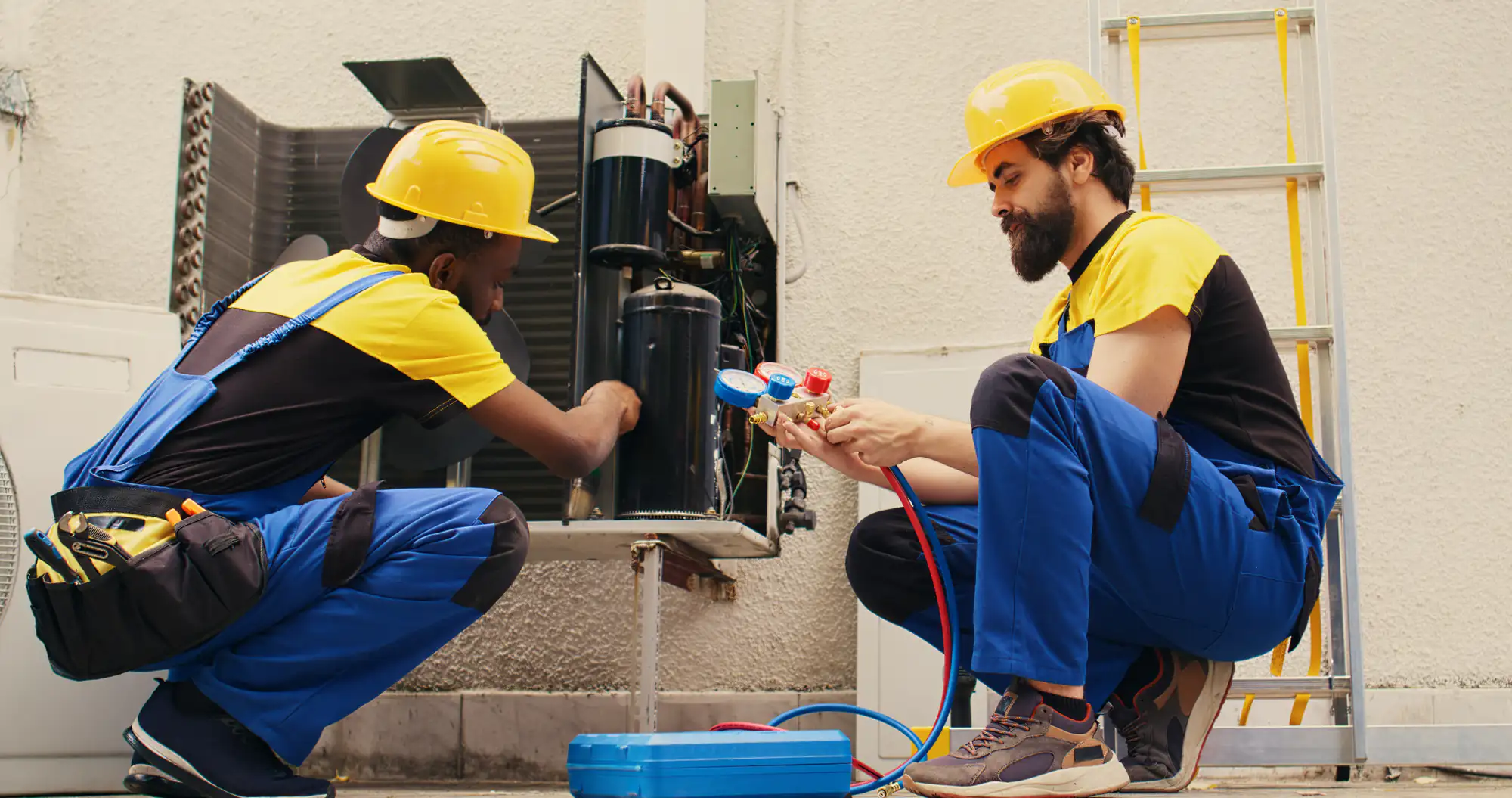 Two technicians in yellow hard hats and blue overalls, one an electrician Brooklyn, work on an outdoor air conditioning unit in NY, using gauges and tools, with a ladder leaning against a wall in the background.