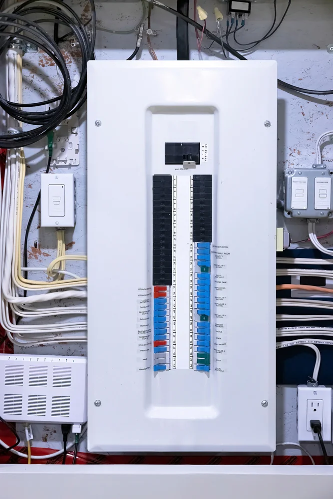 A white electrical breaker panel with labeled switches is mounted on a wall surrounded by cables, outlets, and network equipment. The panel is open, showing black and blue circuit breakers inside.