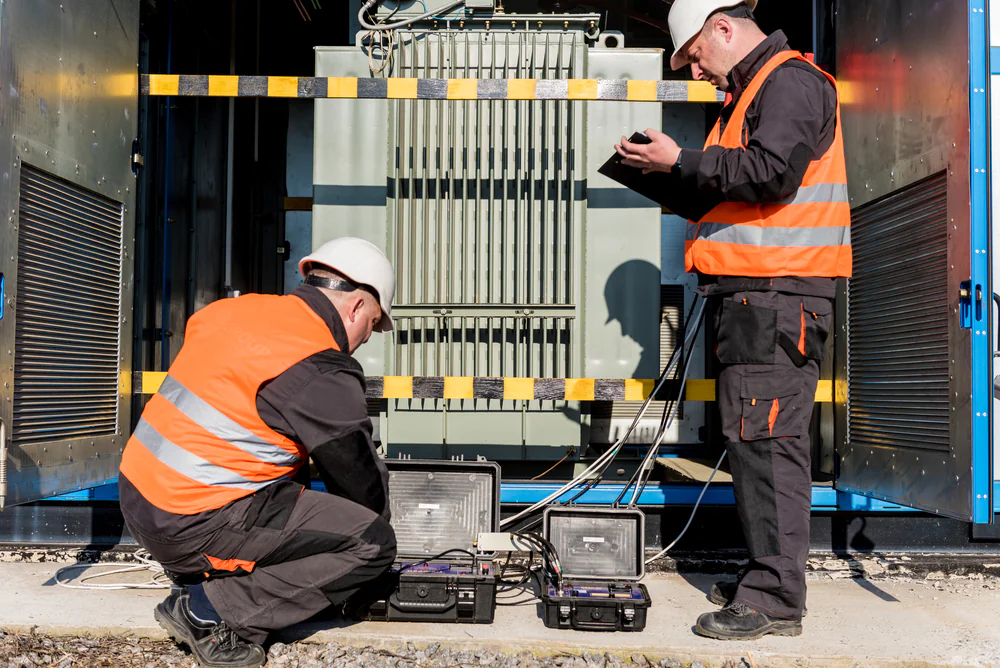 Two workers in orange safety vests and white helmets use electronic testing equipment in front of an open electrical transformer enclosure, conducting maintenance or inspections outdoors.