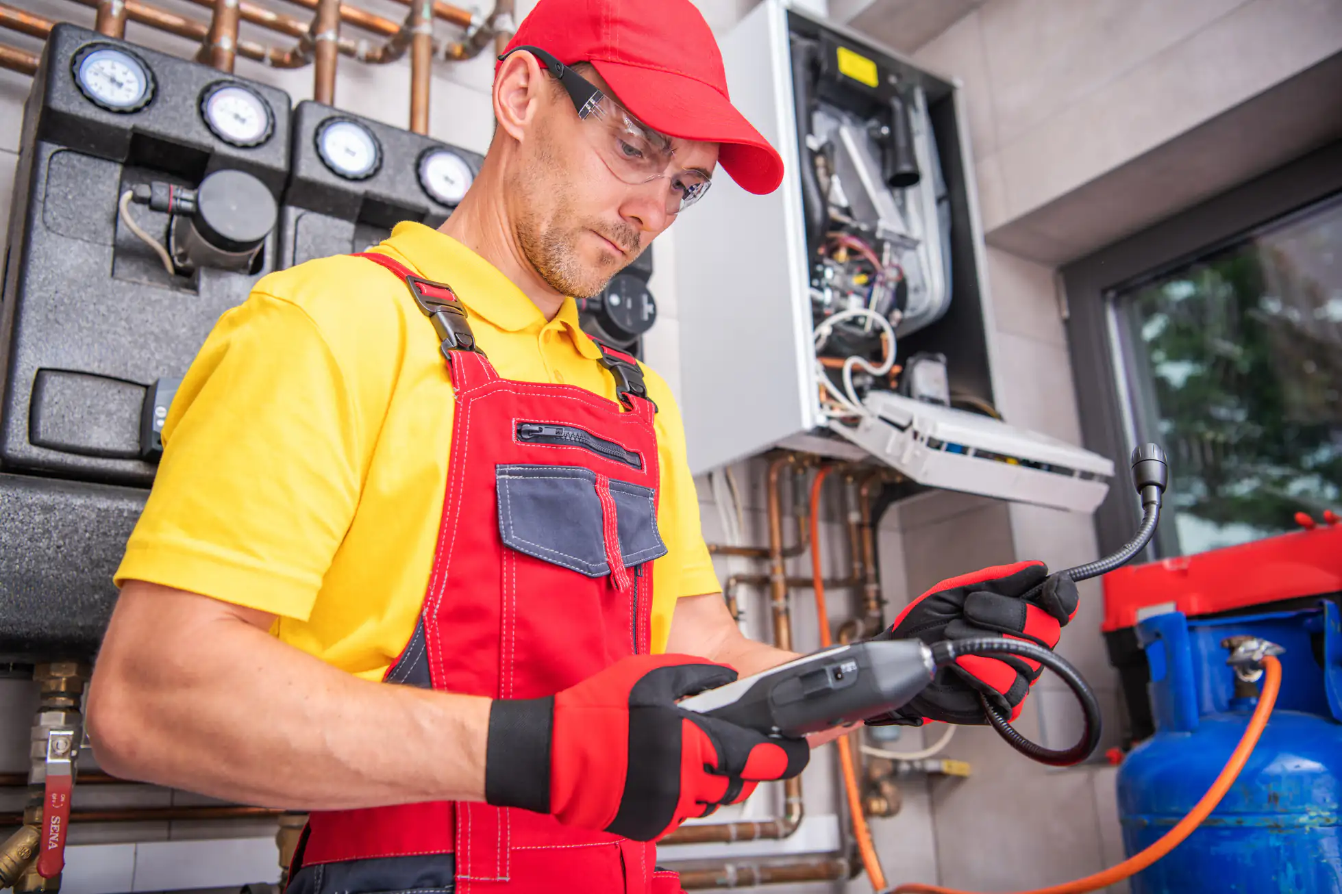 A plumber in red overalls and gloves inspects a gas boiler with a diagnostic tool in a utility room, surrounded by pipes, gauges, and equipment.