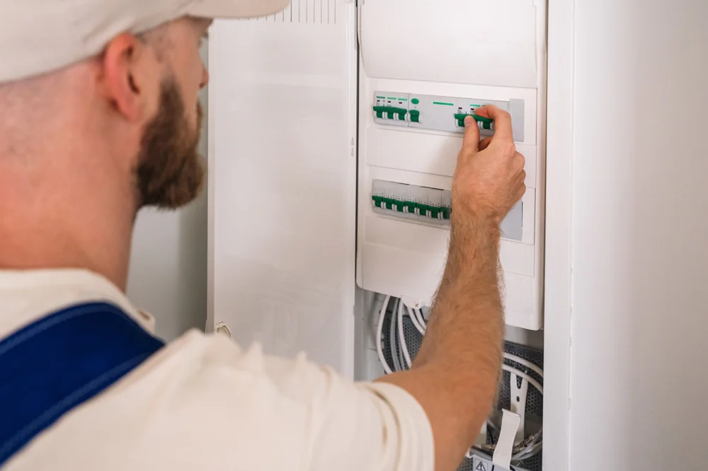 A person wearing a cap and uniform is adjusting switches on an electrical breaker panel inside a white cabinet.