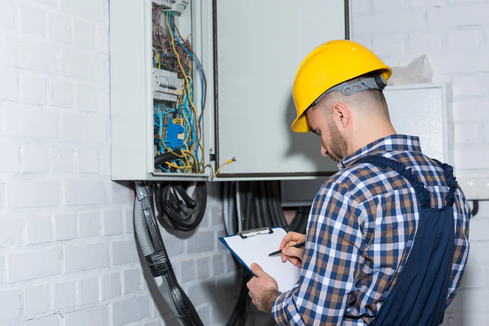 An electrician wearing a yellow hard hat and checkered shirt inspects electrical wiring in an open panel and writes notes on a clipboard in a white brick room.