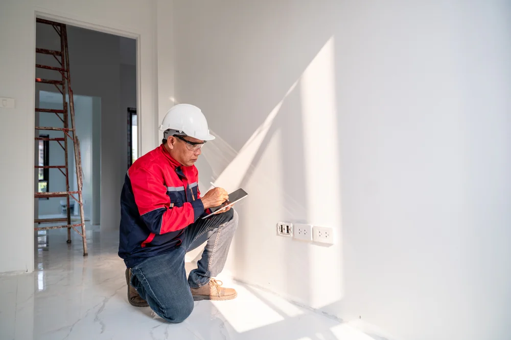 A construction worker wearing a white hard hat and red and blue jacket kneels on the floor inspecting or taking notes on a tablet near electrical outlets on a white wall in a bright room.