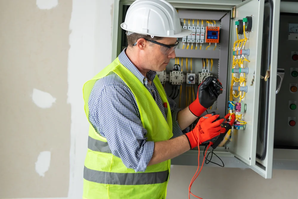 An electrician wearing a hard hat, reflective vest, and red gloves uses a multimeter to test wires inside an open electrical control panel on a wall.