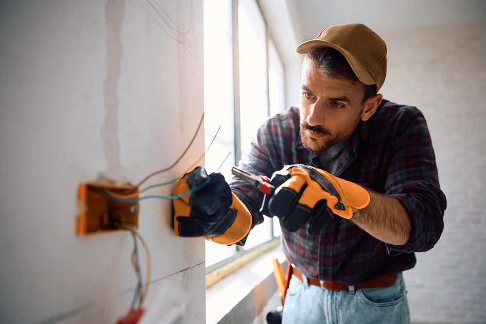 A man wearing a brown cap, gloves, and a plaid shirt is repairing electrical wires in a wall socket. He is using pliers and appears focused, standing next to a bright window in a room under renovation.