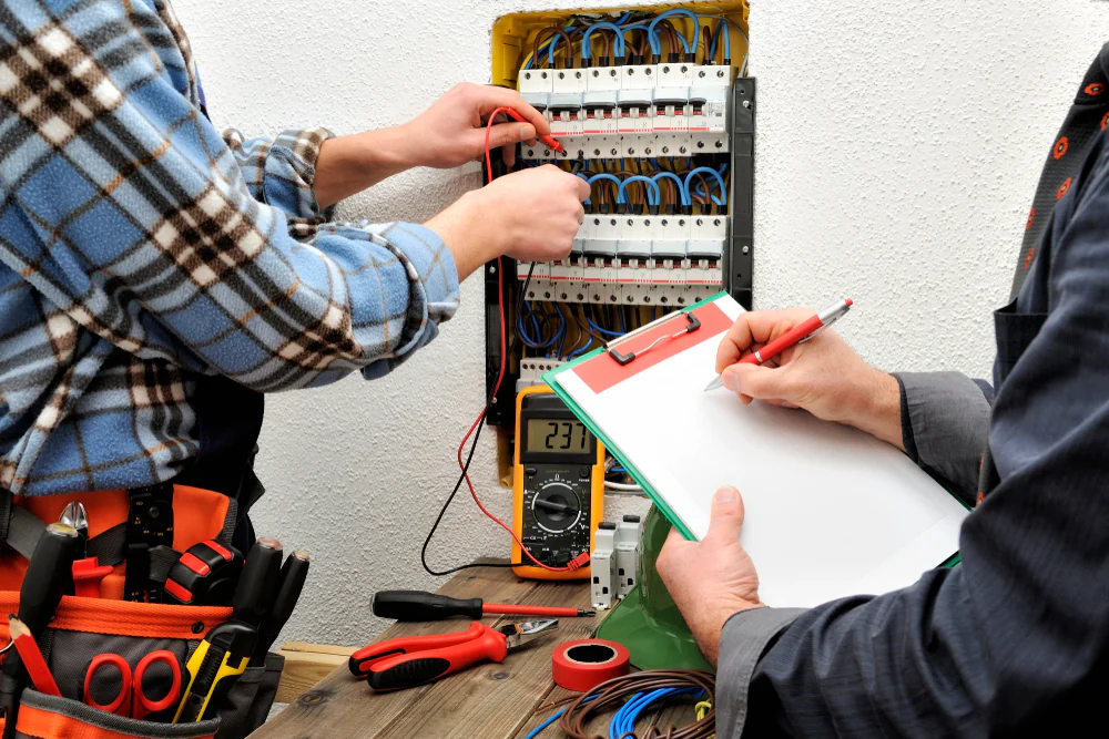 Two people work on an electrical panel; one uses tools and wires, while the other takes notes on a clipboard. A multimeter displays a voltage reading below the panel. Various electrical tools and cables are on the table.