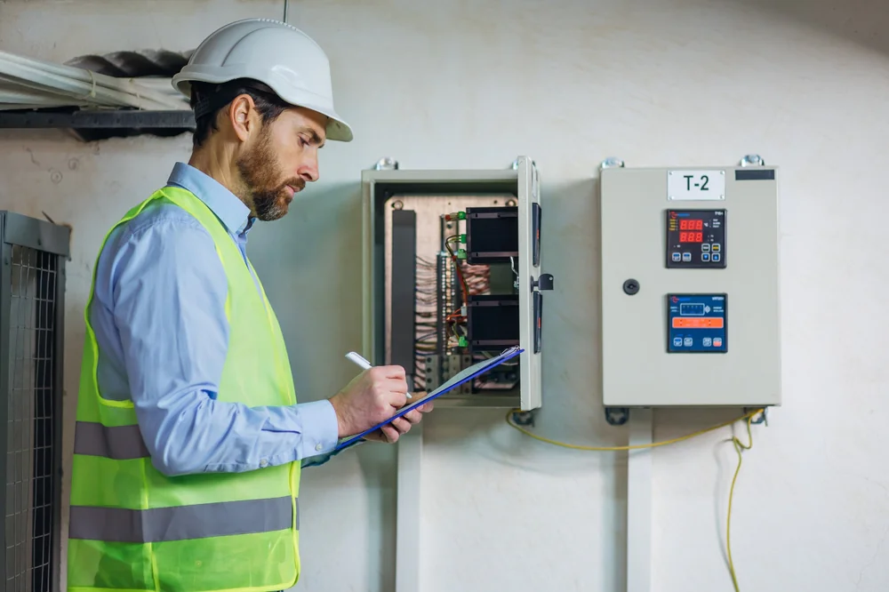 A man wearing a hard hat and reflective vest checks and writes notes on a clipboard in front of an open electrical control panel on a wall.