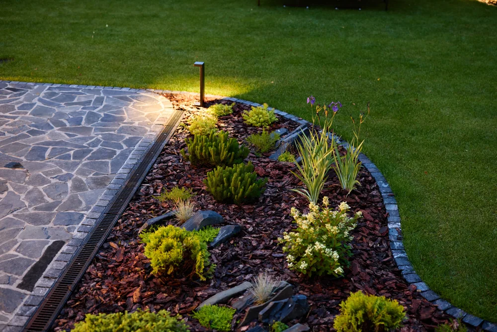 A landscaped garden with green grass, a stone patio, and a mulched flower bed featuring various plants and small shrubs, illuminated by a modern garden light at dusk.