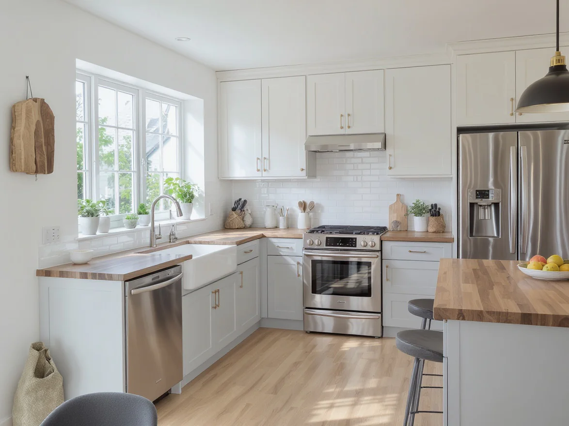 Bright, modern kitchen with white cabinets, stainless steel appliances, wooden countertops, a farmhouse sink under a large window, bar stools at an island, and potted plants on the windowsill.