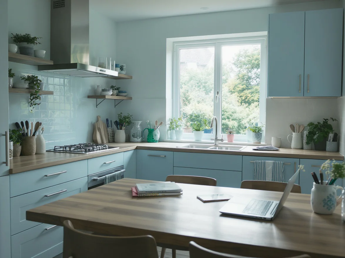 A modern kitchen with pastel blue cabinets, wooden countertops, and houseplants on shelves and the windowsill. A laptop and books are on the wooden dining table, and sunlight streams in through a large window.