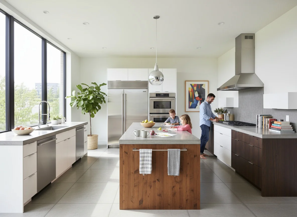 A modern kitchen with white cabinets, a wood island, stainless steel appliances, and large windows. A man cooks while two children sit at the island, drawing. A plant and framed artwork decorate the bright space.