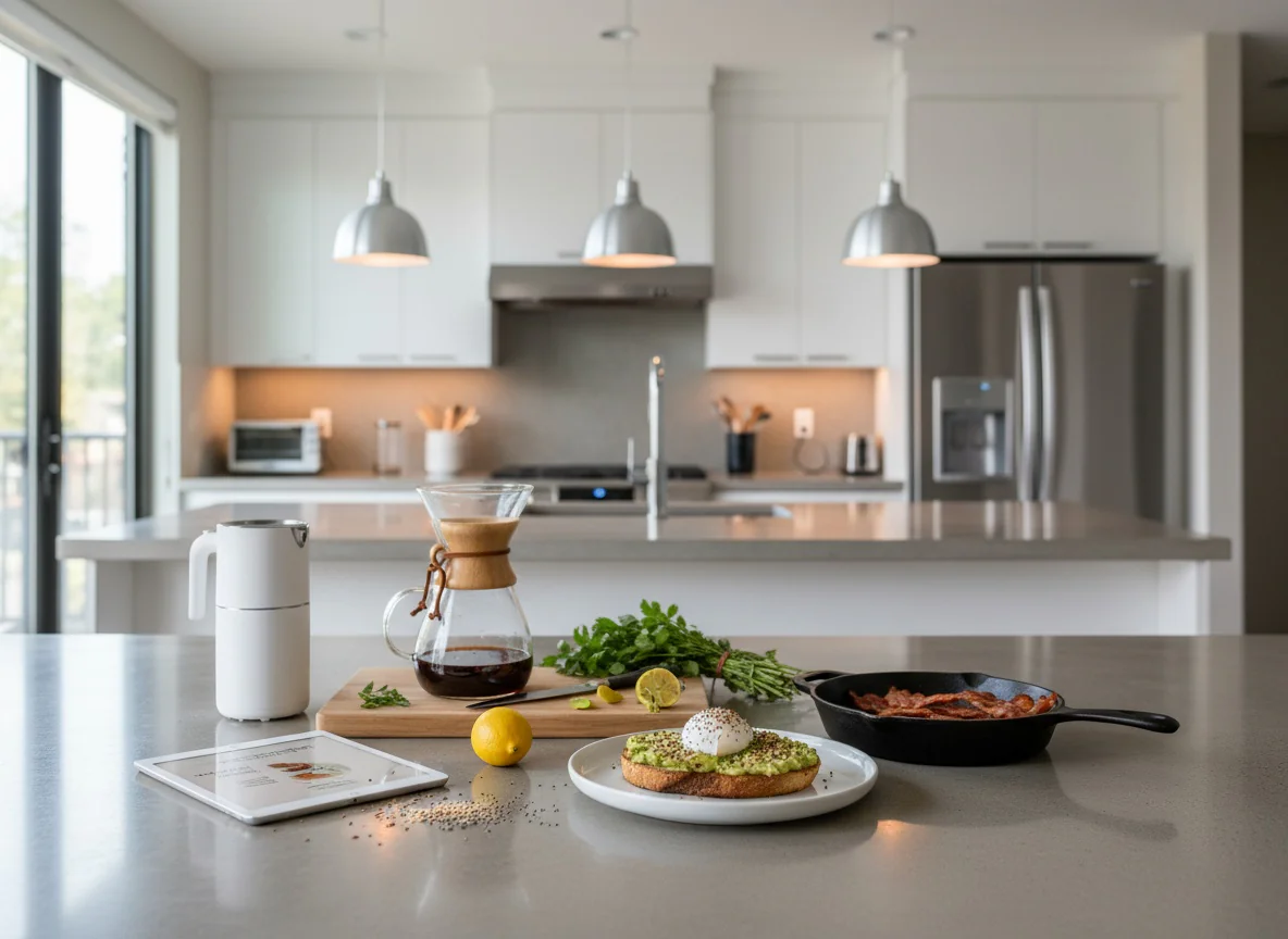 A modern kitchen with white cabinets and pendant lights features a countertop set with a Chemex coffee maker, a mug, herbs, toast with poached egg, a lemon, an iPad, and a skillet with cooked bacon.
