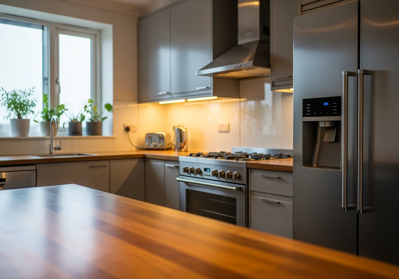 Modern kitchen with gray cabinets, stainless steel appliances, wooden countertops, potted plants on the window sill, and under-cabinet lighting creating a warm, inviting atmosphere.