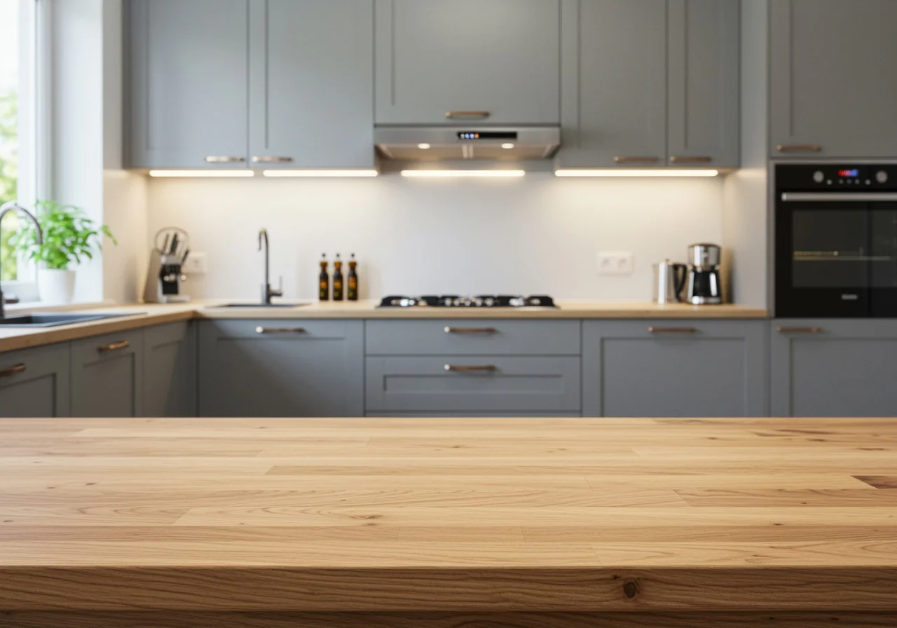 Modern kitchen with light blue cabinets, stainless steel appliances, an electric stove, sink, and small kitchen appliances on the counter. A large wooden island is in the foreground, and a plant sits by the window on the left.