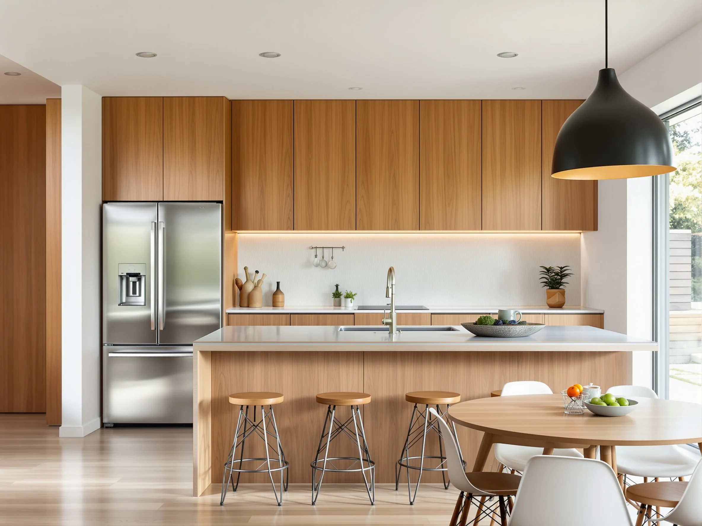 Modern kitchen with wood cabinets, a stainless steel refrigerator, island with three wooden stools, round dining table with chairs, pendant light, and large window letting in natural light.