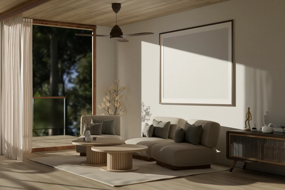A modern, minimalist living room with neutral tones features a beige sofa, two round coffee tables, a sideboard, abstract decor, large artwork, and floor-to-ceiling curtains opening to a balcony with trees outside. Sunlight streams in.