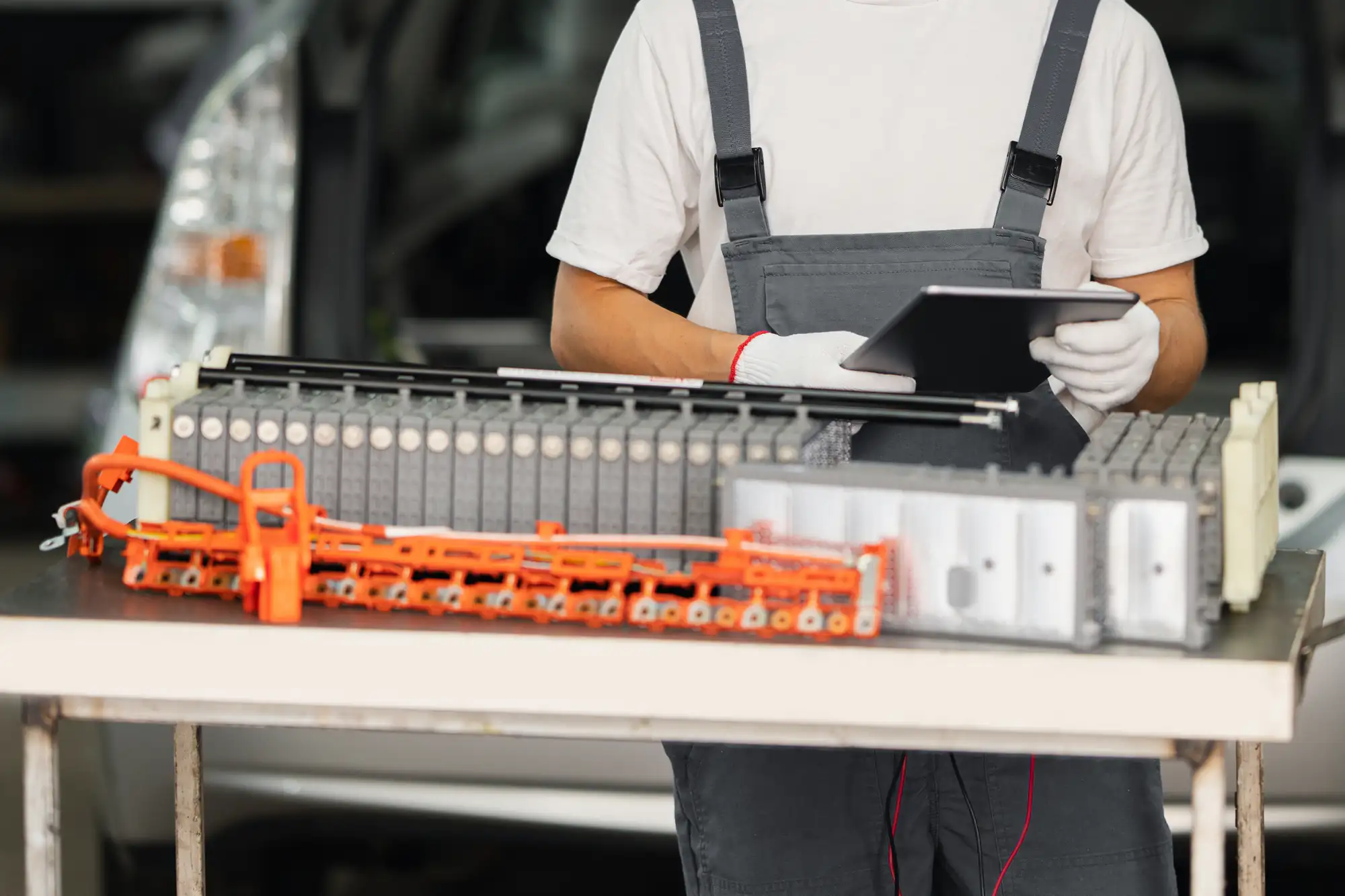 A person in grey overalls and white gloves holds a tablet while standing behind a table with an electric vehicle battery module and orange wiring components. A car is visible in the background.