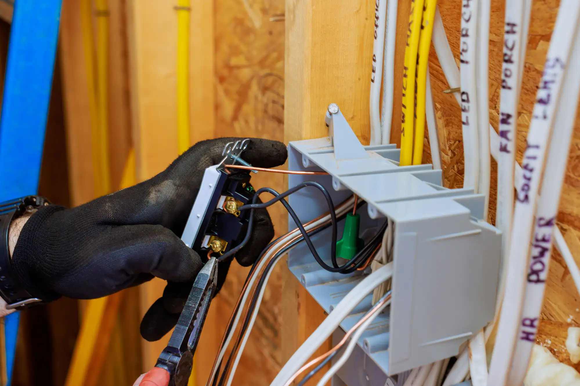 A person wearing black gloves uses pliers to install or repair electrical wiring in a wall-mounted electrical box inside a building under construction. Various wires are organized and labeled around the box.