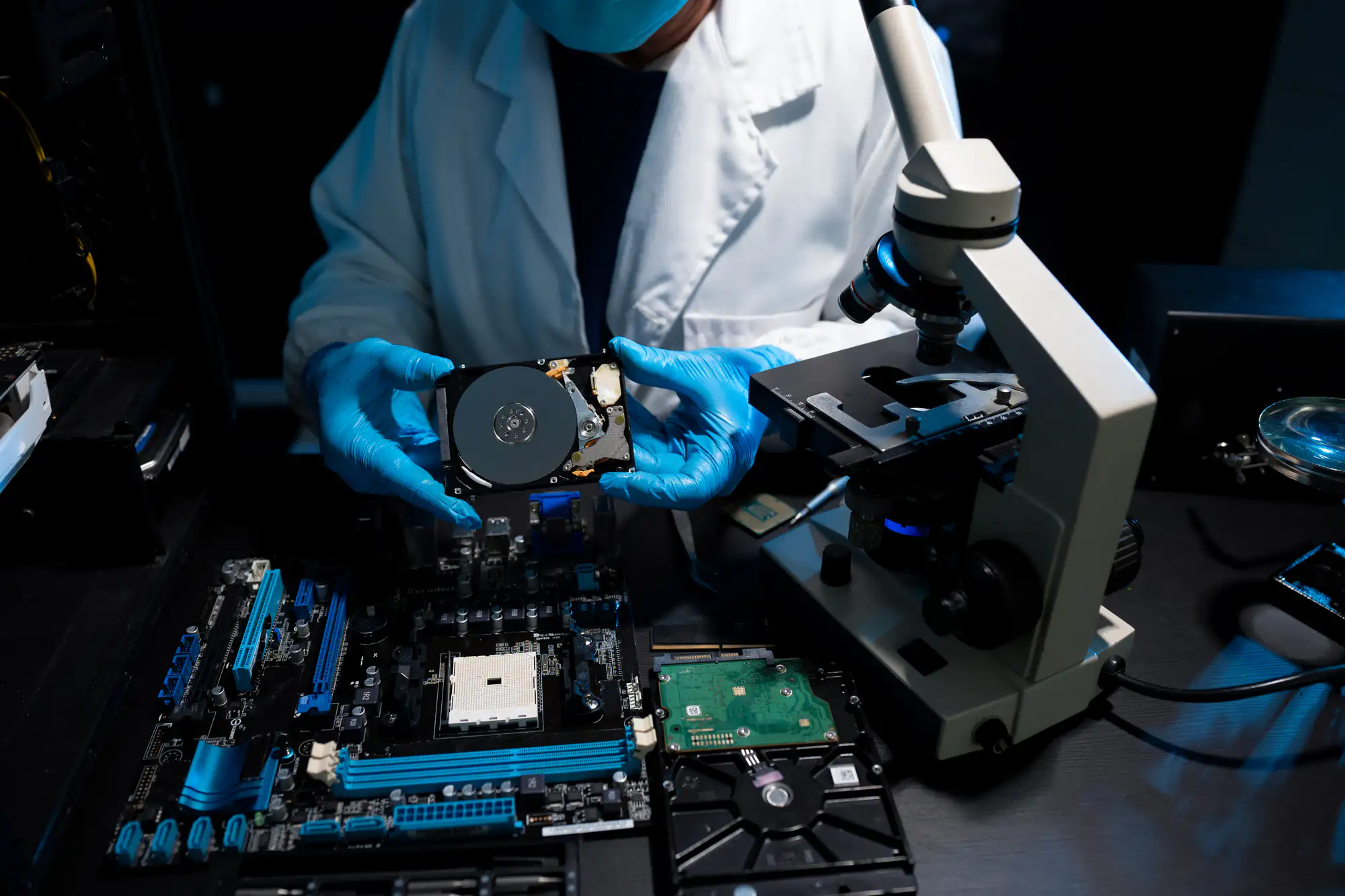 A person in a lab coat and gloves examines a computer hard drive at a desk with a motherboard, circuit boards, and a microscope, focusing on electrical troubleshooting and repairs.